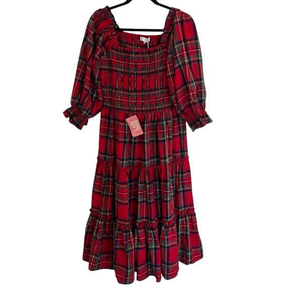 Ivy City Co Red Madeline Smocked Square Neck Midi Dress in Holiday Plaid NWT XL - Picture 1 of 10